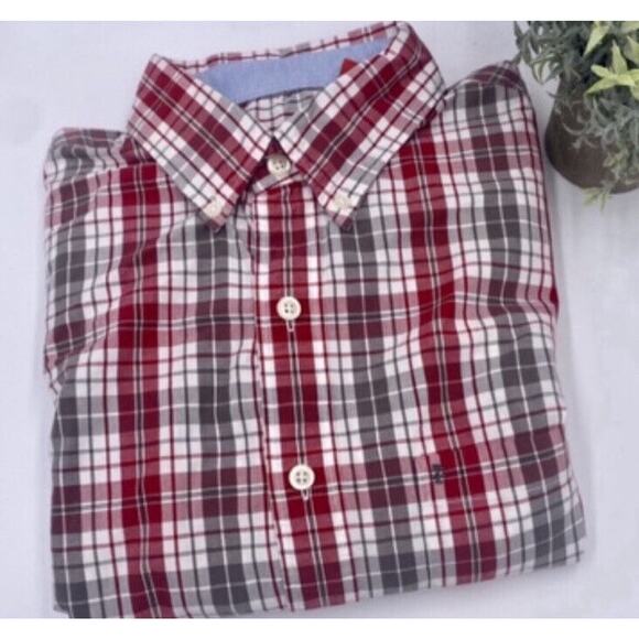 Izod Vintage Long Sleeve Red and Tan Striped Button Shirt Large Tall - Picture 1 of 7